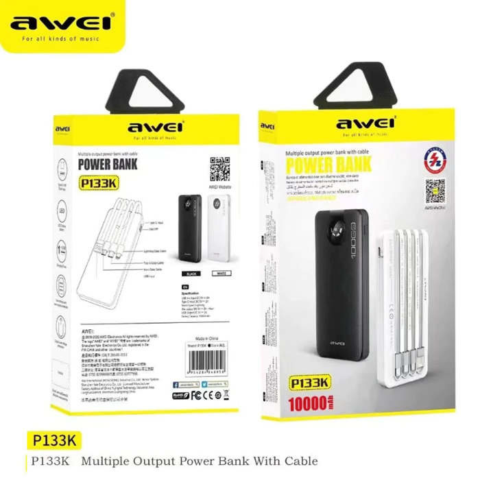 Awei P133K 10000mAh Fast-Fill Power Bank with 4 Self-Contained Cables
